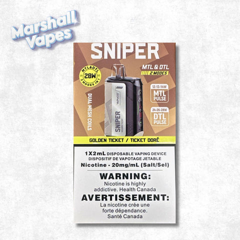 Sniper Disposable Golden Ticket disposable vape mixed candy flavour profile smooth draw high puff device