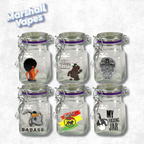 Assorted Juicy Jay clear glass jar small size for herb storage compact transparent container