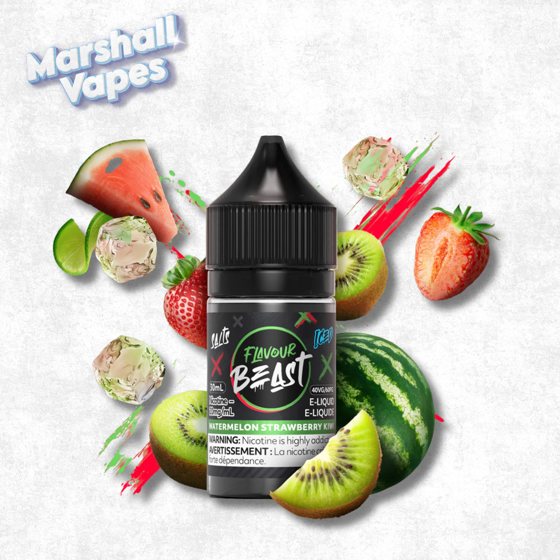Flavour Beast Salt Watermelon Strawberry Kiwi Iced nicotine salt e-liquid watermelon strawberry kiwi ice flavour