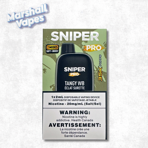 Sniper Pro 35K Disposable Tangy WB vape device with bold tangy flavour, rechargeable design, up to 35,000 puffs.