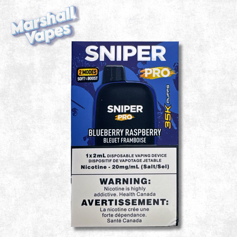 Sniper Pro 35K Disposable Blueberry Raspberry vape device with sweet blueberry and tangy raspberry flavour, rechargeable design, up to 35,000 puffs.