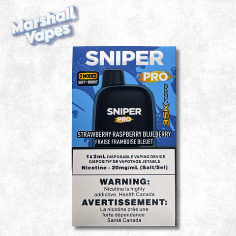 Sniper Pro 35K Disposable Strawberry Raspberry Blueberry vape device with layered berry flavour, rechargeable design, up to 35,000 puffs.