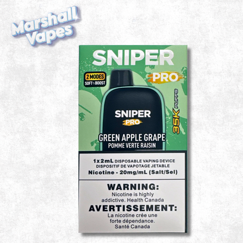 Sniper Pro 35K Disposable Green Apple Grape vape device with crisp green apple and sweet grape flavour, rechargeable design, up to 35,000 puffs.