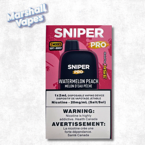Sniper Pro 35K Disposable Watermelon Peach vape device with juicy watermelon and sweet peach flavour, rechargeable design, up to 35,000 puffs.