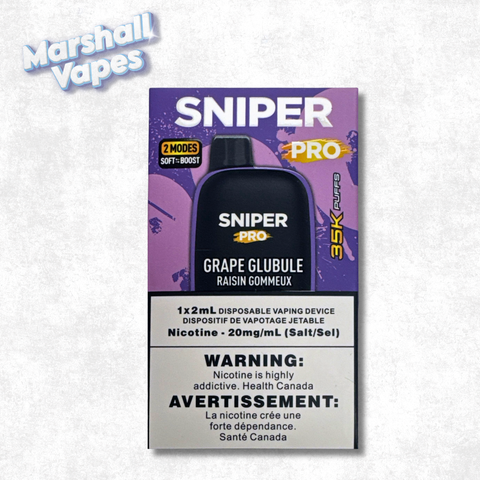 Sniper Pro 35K Disposable Grape Glubule vape device with bold candy-like grape flavour, rechargeable design, up to 35,000 puffs.
