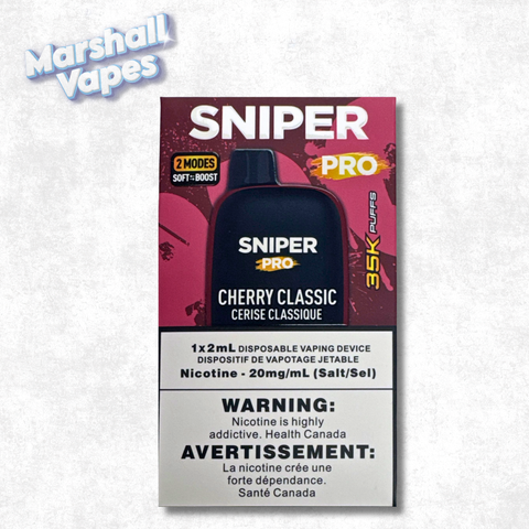 Sniper Pro 35K Disposable Cherry Classic vape device with smooth rich cherry flavour, rechargeable design, up to 35,000 puffs.