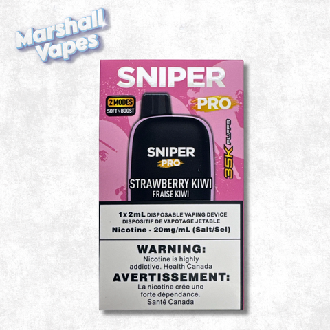 Sniper Pro 35K Disposable Strawberry Kiwi vape device with sweet strawberry and tangy kiwi flavour, rechargeable design, up to 35,000 puffs.