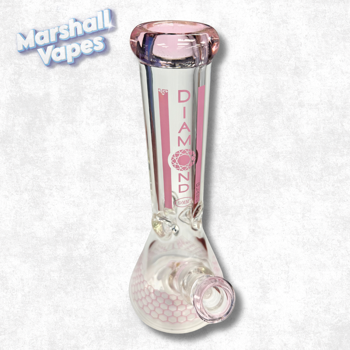 12" 9mm Diamond Gold Glass Bong Pink Accent