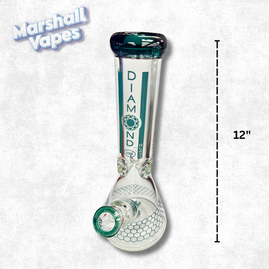 12" 9mm Diamond Gold Glass Bong (Turquoise Accent)
