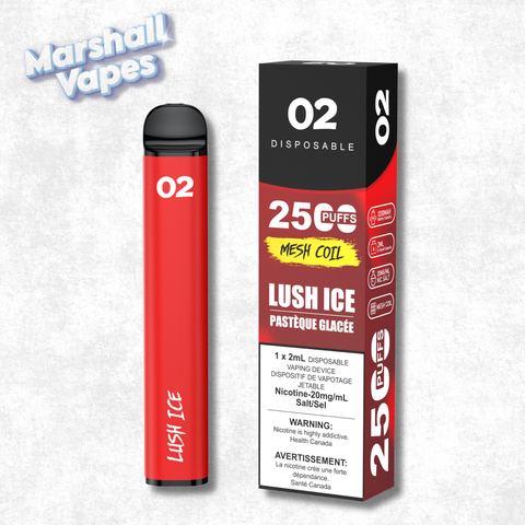 O2 Disposable Lush Ice disposable vape watermelon flavour with cooling ice smooth draw high puff device
