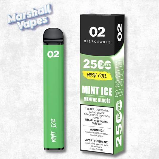 O2 Disposable Mint Ice disposable vape refreshing mint flavour with cooling ice smooth draw high puff device