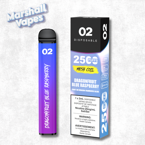 O2 Disposable Dragonfruit Blue Raspberry disposable vape dragonfruit and blue raspberry flavour blend smooth draw high puff device