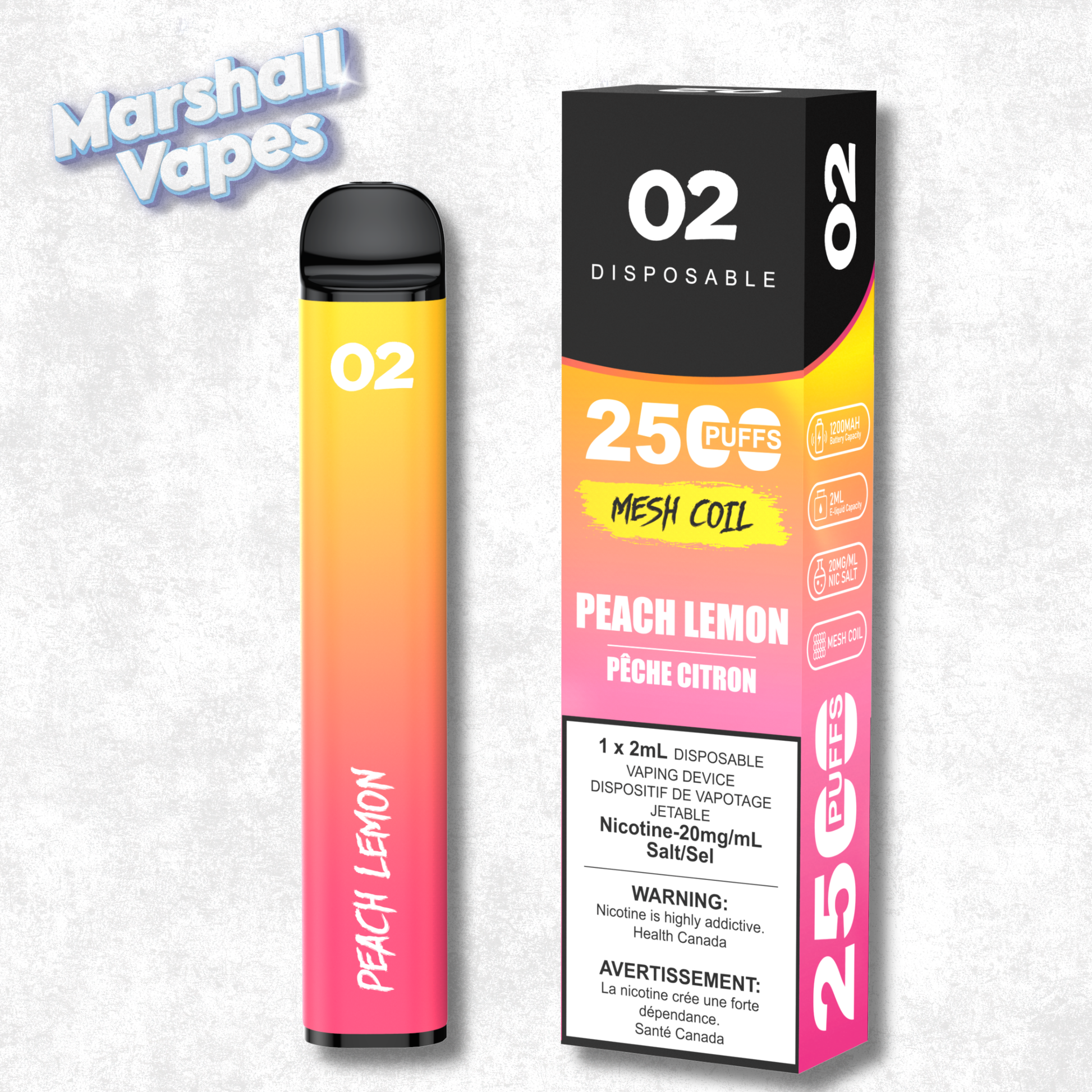O2 Disposable Peach Lemon disposable vape peach and lemon flavour blend smooth draw high puff device