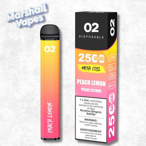 O2 Disposable Peach Lemon disposable vape peach and lemon flavour blend smooth draw high puff device