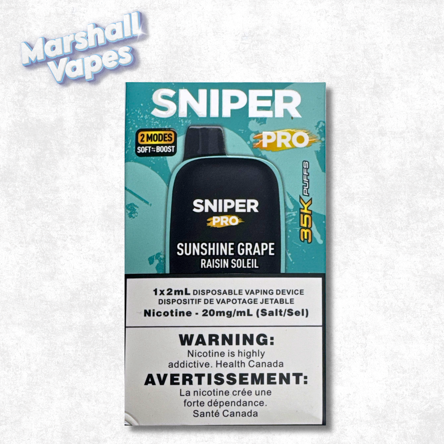 Sniper Pro 35K Disposable Sunshine Grape vape device with grape flavour disposable vape design by Sniper.