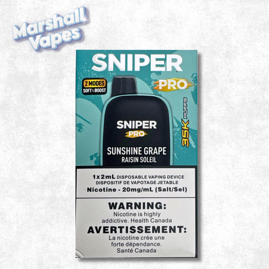 Sniper Pro 35K Disposable Sunshine Grape vape device with grape flavour disposable vape design by Sniper.