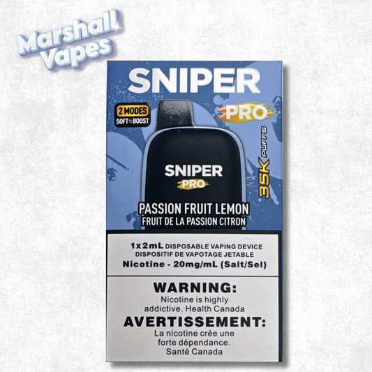 Sniper Pro 35K Disposable Passion Fruit Lemon vape device with tropical citrus flavour disposable vape by Sniper.