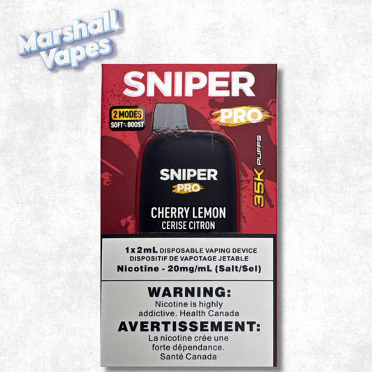 Sniper Pro 35K Disposable Cherry Lemon disposable vape device with sweet cherry and zesty lemon flavour, rechargeable design, and up to 35,000 puffs.