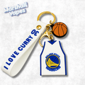 Keychain with Golden State Warriors logo and basketball, featuring 'I Love Curry' text, on a white background.