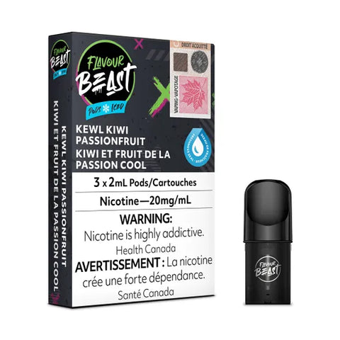 Flavour Beast Pod Pack Kewl Kiwi Passionfruit Iced, guava kiwi passionfruit blend, 3x2mL 20mg pods